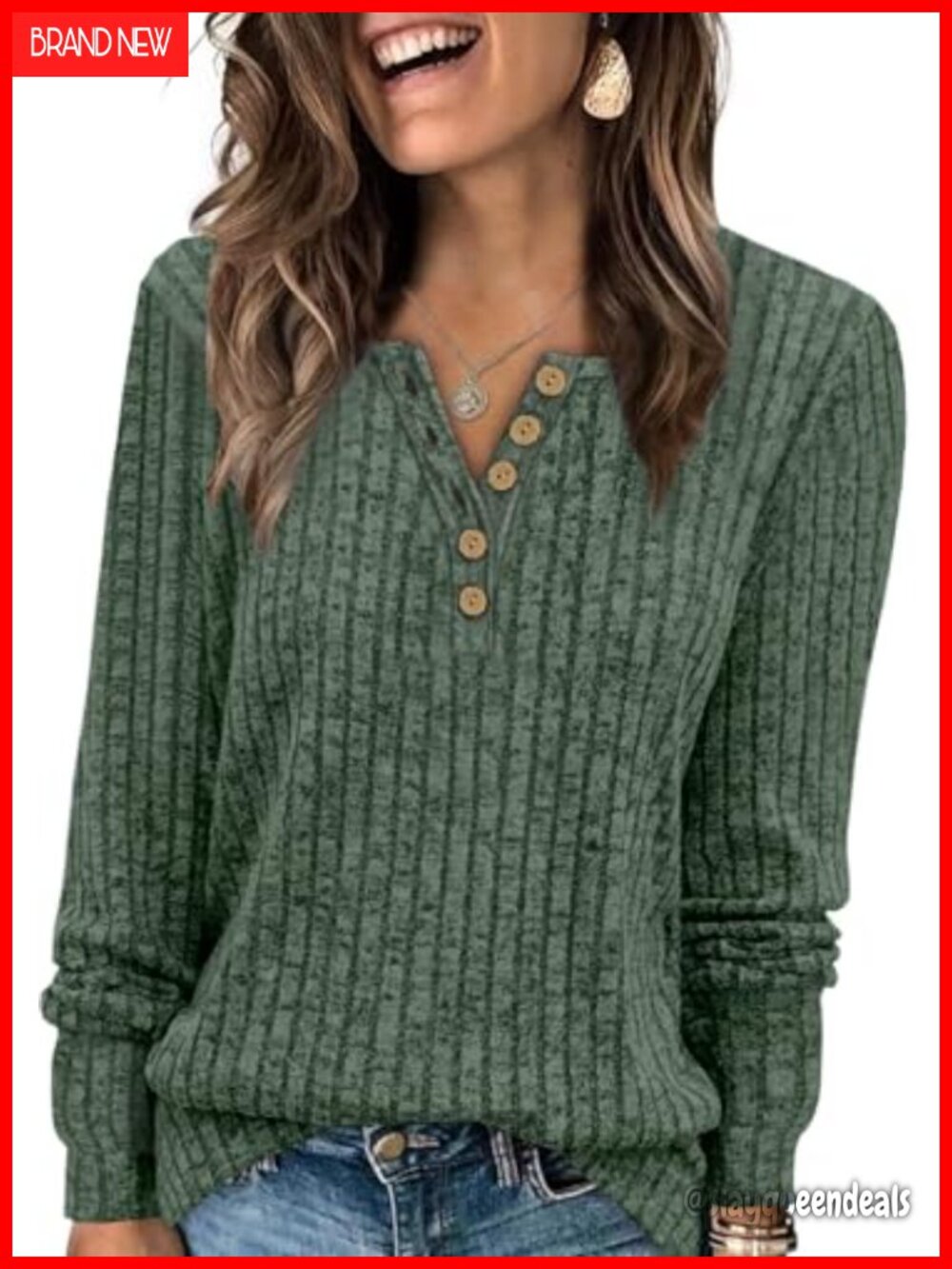 Womens Henley Sweater Ribbed Knit V Neck Button Pullover Long Sleeve Top